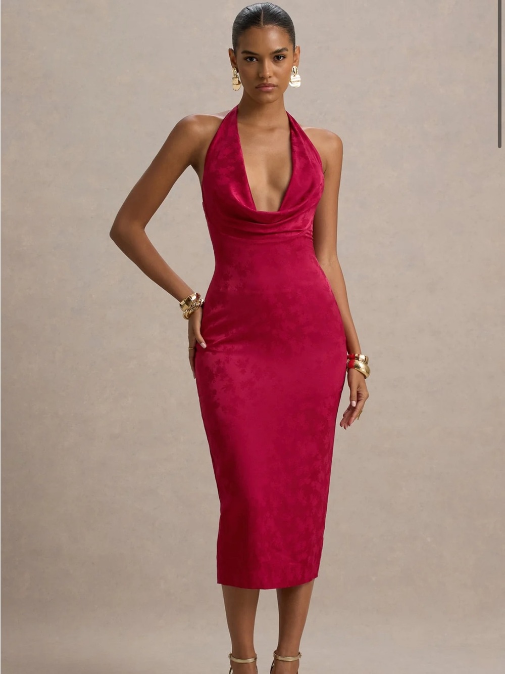 Club L London - AINE Red Satin Jacquard Cowl-Neck Midi Dress